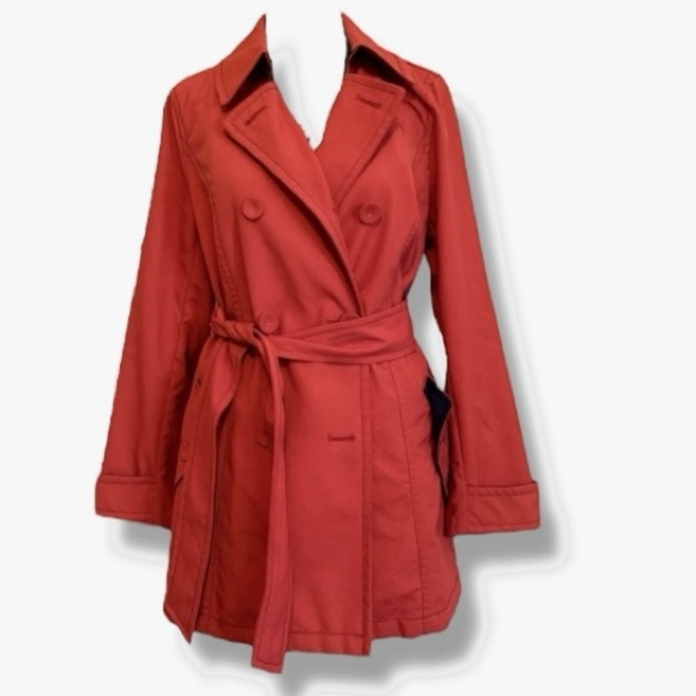 LOFT Red Trench Coat Double Breasted Contrast Stitching Sz 4